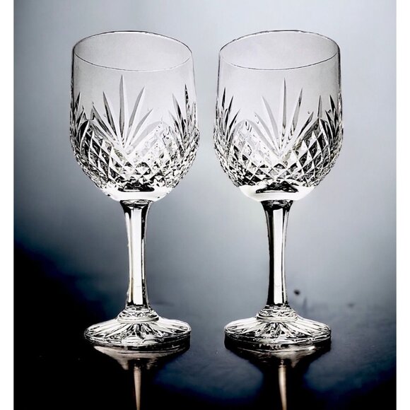 Cut Crystal Wine Glass Set of 2 Goblet Diamond And Fan Design Clear Glass - Picture 1 of 10